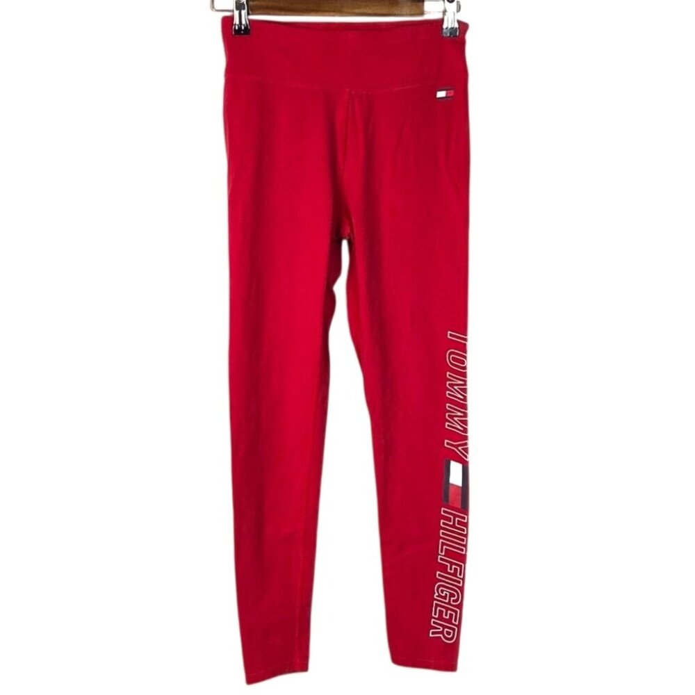 Tommy Hilfiger Red High Waist Logo Print Athletic Workout Gym Leggings Small